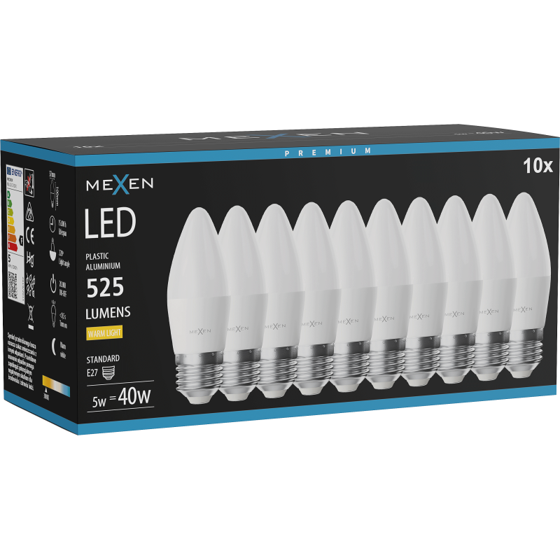 Mexen Nova 10x Žárovka LED E27, C37, 5W, Teplá - 3000K, 525 lm - L102-E27-0530-01x10