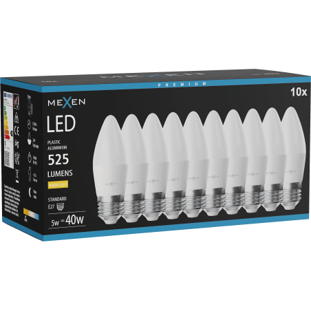 Mexen Nova 10x Žárovka LED E27, C37, 5W, Teplá - 3000K, 525 lm - L102-E27-0530-01x10