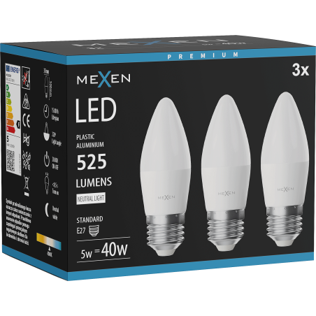 Mexen Nova 3x LED žárovka E27, C37, 5W, Neutrální - 4000K, 525 lm - L102-E27-0540-01x03