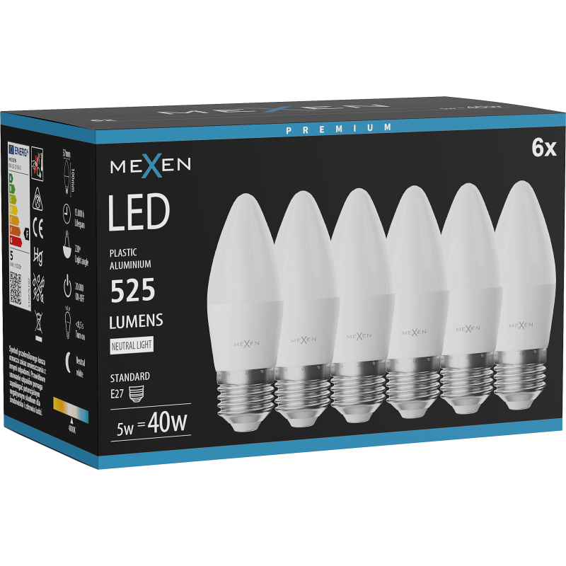 Mexen Nova 6x LED žárovka E27, C37, 5W, Neutrální - 4000K, 525 lm - L102-E27-0540-01x06
