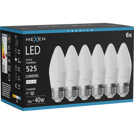 Mexen Nova 6x LED žárovka E27, C37, 5W, Neutrální - 4000K, 525 lm - L102-E27-0540-01x06