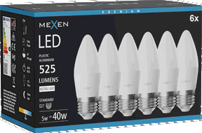 Mexen Nova 6x LED žárovka E27, C37, 5W, Neutrální - 4000K, 525 lm - L102-E27-0540-01x06
