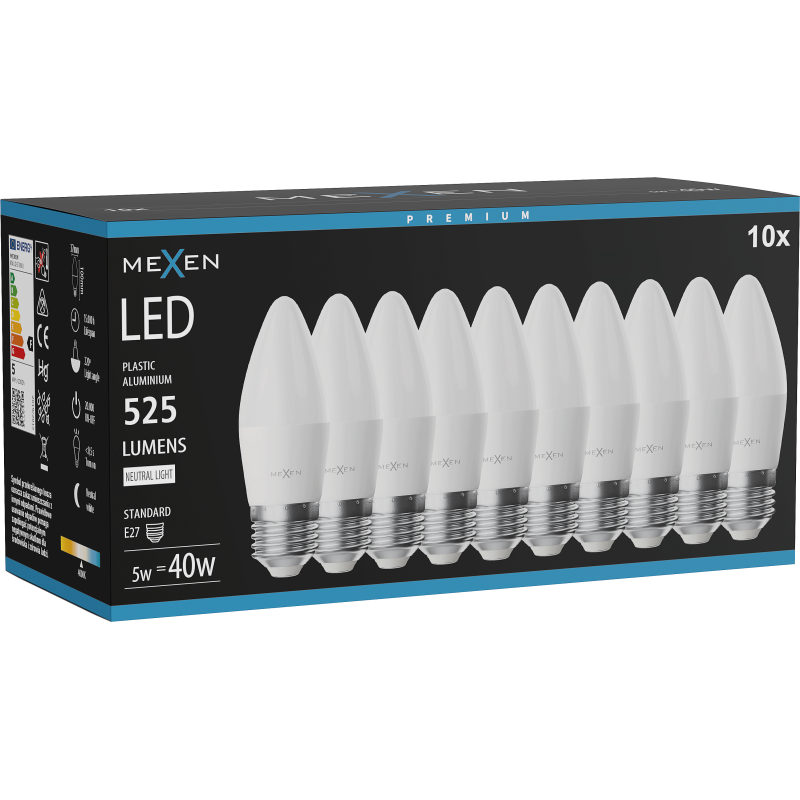Mexen Nova 10x LED žárovka E27, C37, 5W, Neutrální - 4000K, 525 lm - L102-E27-0540-01x10