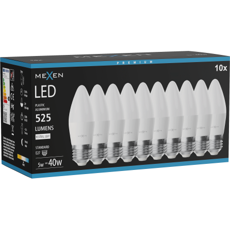 Mexen Nova 10x LED žárovka E27, C37, 5W, Neutrální - 4000K, 525 lm - L102-E27-0540-01x10