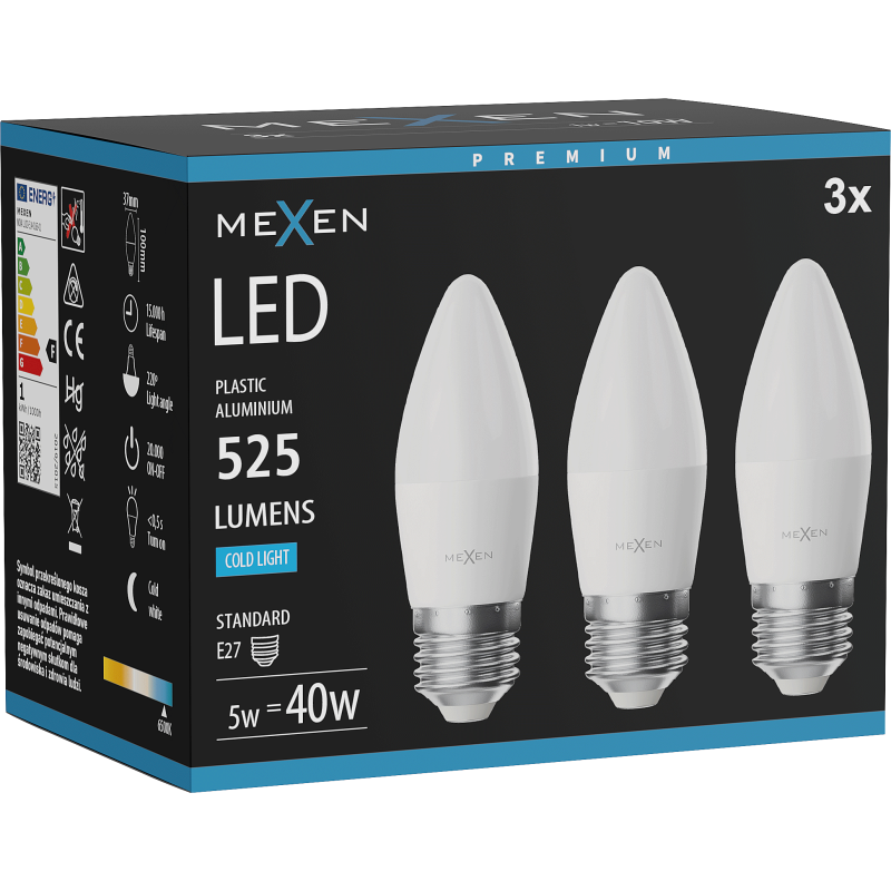 Mexen Nova 3x LED žárovka E27, C37, 5W, Studená - 6500K, 525 lm - L102-E27-0565-01x03