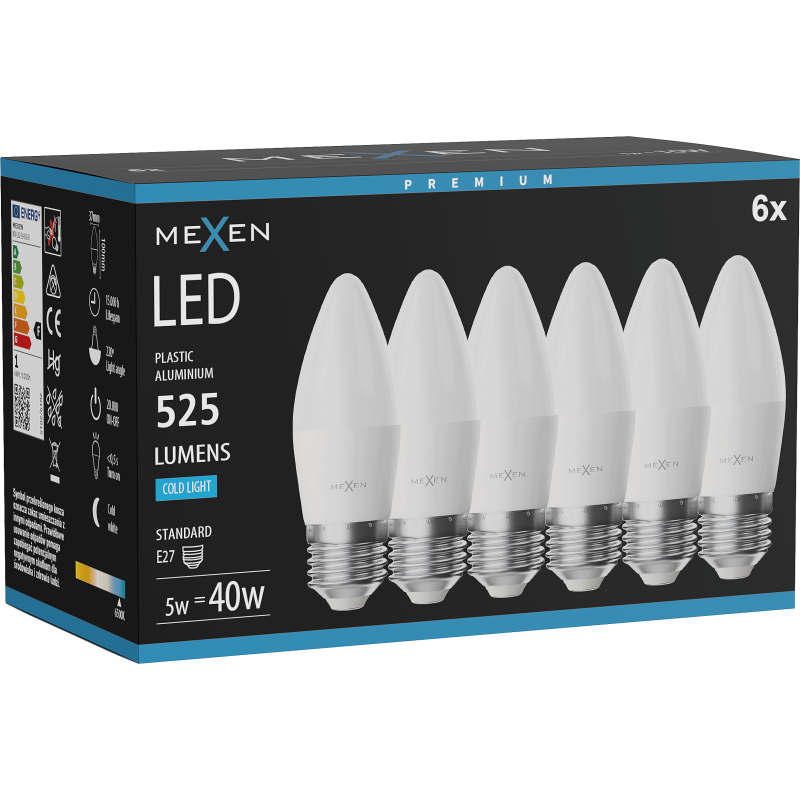 Mexen Nova 6x LED žárovka E27, C37, 5W, Studená - 6500K, 525 lm - L102-E27-0565-01x06