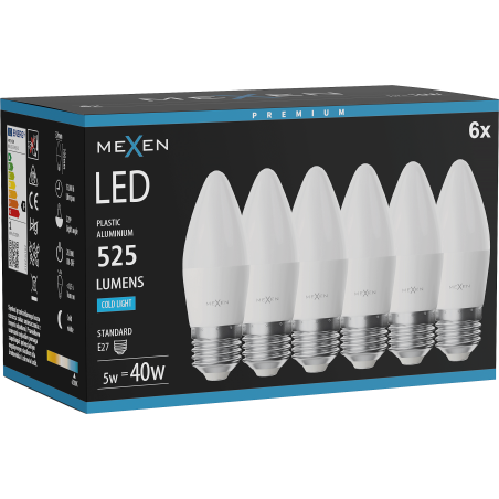 Mexen Nova 6x LED žárovka E27, C37, 5W, Studená - 6500K, 525 lm - L102-E27-0565-01x06