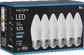Mexen Nova 6x LED žárovka E27, C37, 5W, Studená - 6500K, 525 lm - L102-E27-0565-01x06