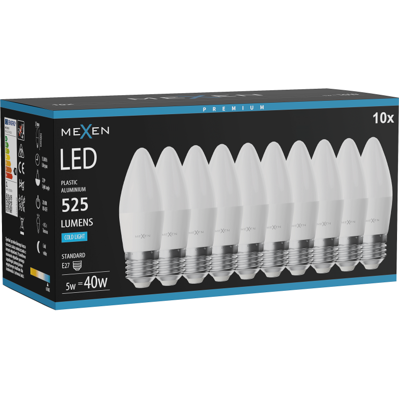 Mexen Nova 10x LED žárovka E27, C37, 5W, Studená - 6500K, 525 lm - L102-E27-0565-01x10