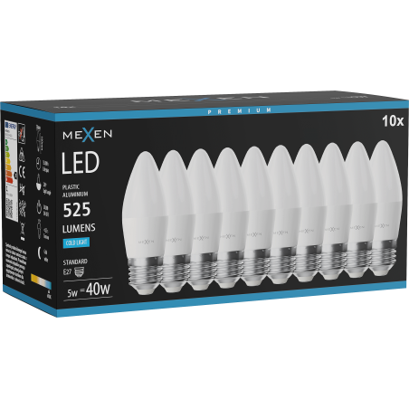 Mexen Nova 10x LED žárovka E27, C37, 5W, Studená - 6500K, 525 lm - L102-E27-0565-01x10
