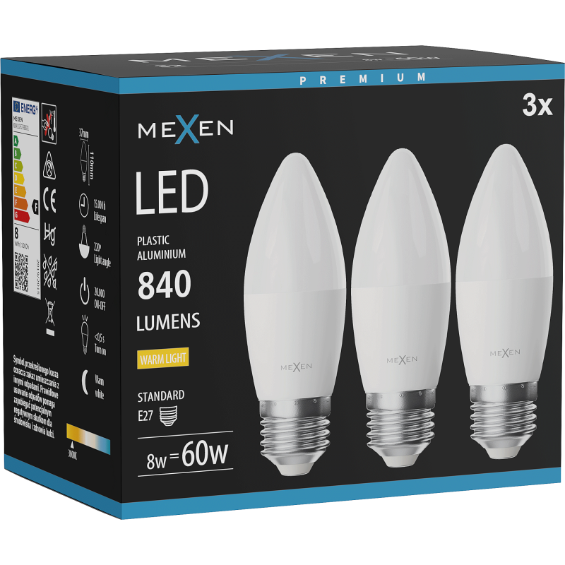 Mexen Nova 3x LED žárovka E27, C37, 8W, Teplá - 3000K, 840 lm - L102-E27-0830-01x03