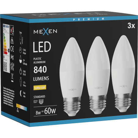 Mexen Nova 3x LED žárovka E27, C37, 8W, Teplá - 3000K, 840 lm - L102-E27-0830-01x03