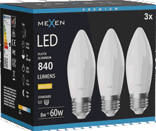 Mexen Nova 3x LED žárovka E27, C37, 8W, Teplá - 3000K, 840 lm - L102-E27-0830-01x03