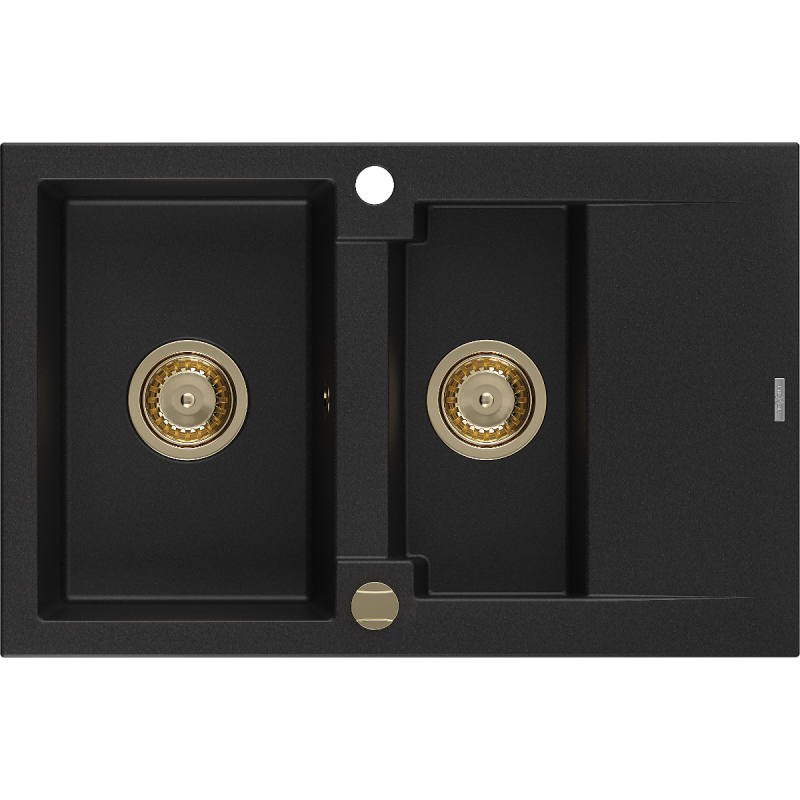 Mexen Gaspar granitový dřez 1,5 komorový s odkapávačem 737 x 475 mm, černý, zlatý sifon - 6507731505-77-G