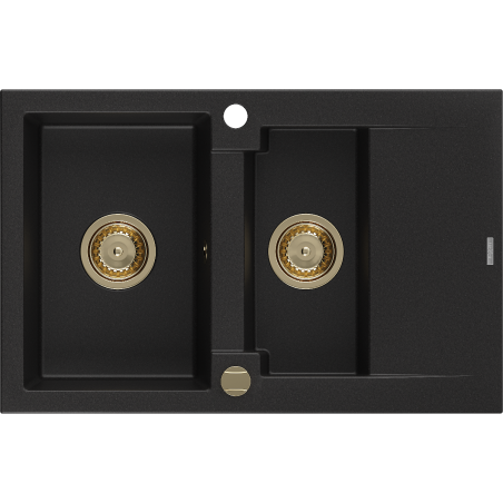 Mexen Gaspar granitový dřez 1,5 komorový s odkapávačem 737 x 475 mm, černý, zlatý sifon - 6507731505-77-G