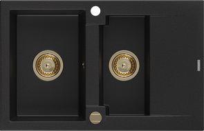 Mexen Gaspar granitový dřez 1,5 komorový s odkapávačem 737 x 475 mm, černý, zlatý sifon - 6507731505-77-G