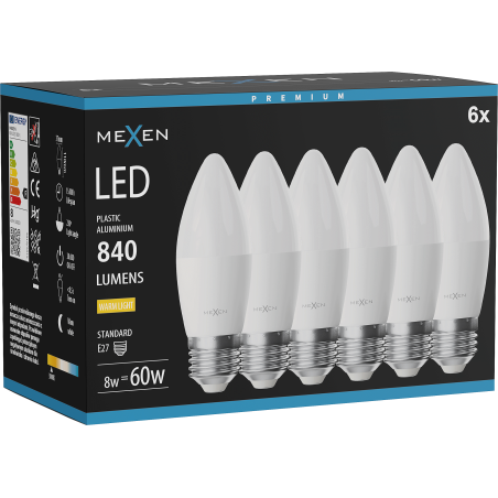 Mexen Nova 6x LED žárovka E27, C37, 8W, Teplá - 3000K, 840 lm - L102-E27-0830-01x06