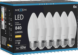 Mexen Nova 6x LED žárovka E27, C37, 8W, Teplá - 3000K, 840 lm - L102-E27-0830-01x06