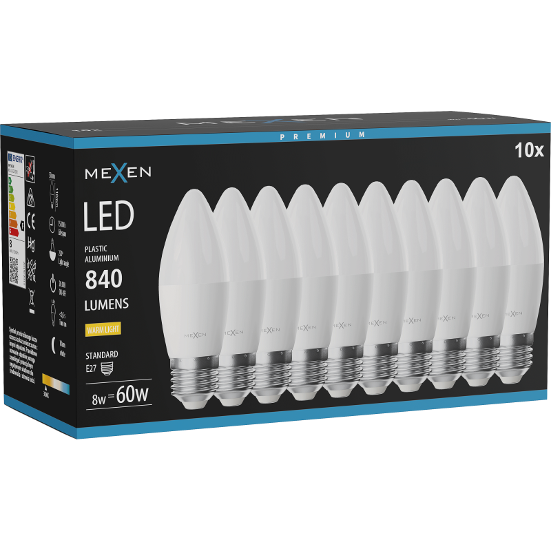 Mexen Nova 10x LED žárovka E27, C37, 8W, Teplá - 3000K, 840 lm - L102-E27-0830-01x10