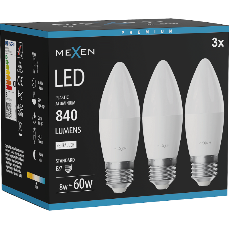 Mexen Nova 3x LED žárovka E27, C37, 8W, Neutrální - 4000K, 840 lm - L102-E27-0840-01x03