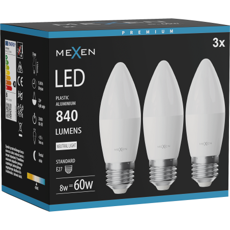 Mexen Nova 3x LED žárovka E27, C37, 8W, Neutrální - 4000K, 840 lm - L102-E27-0840-01x03