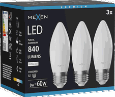 Mexen Nova 3x LED žárovka E27, C37, 8W, Neutrální - 4000K, 840 lm - L102-E27-0840-01x03