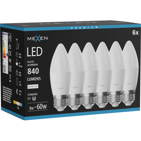 Mexen Nova 6x LED žárovka E27, C37, 8W, Neutrální - 4000K, 840 lm - L102-E27-0840-01x06