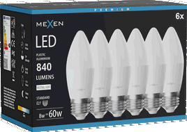 Mexen Nova 6x LED žárovka E27, C37, 8W, Neutrální - 4000K, 840 lm - L102-E27-0840-01x06