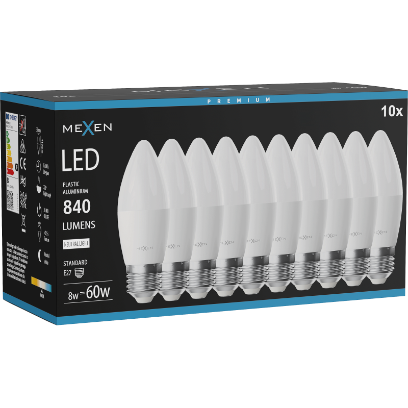 Mexen Nova 10x LED žárovka E27, C37, 8W, Neutrální - 4000K, 840 lm - L102-E27-0840-01x10