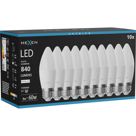 Mexen Nova 10x LED žárovka E27, C37, 8W, Neutrální - 4000K, 840 lm - L102-E27-0840-01x10