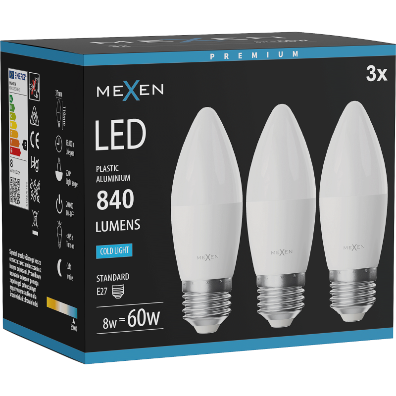 Mexen Nova 3x LED žárovka E27, C37, 8W, Studená - 6500K, 840 lm - L102-E27-0865-01x03