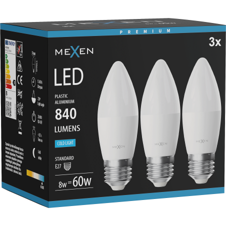 Mexen Nova 3x LED žárovka E27, C37, 8W, Studená - 6500K, 840 lm - L102-E27-0865-01x03