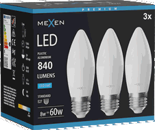 Mexen Nova 3x LED žárovka E27, C37, 8W, Studená - 6500K, 840 lm - L102-E27-0865-01x03
