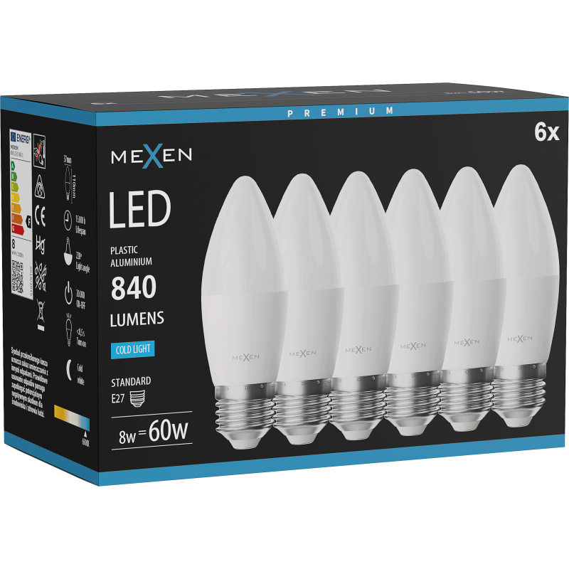 Mexen Nova 6x LED žárovka E27, C37, 8W, Studená - 6500K, 840 lm - L102-E27-0865-01x06