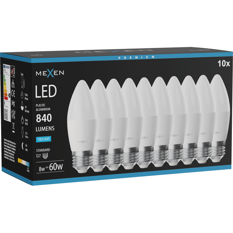 Mexen Nova 10x LED žárovka E27, C37, 8W, Studená - 6500K, 840 lm - L102-E27-0865-01x10