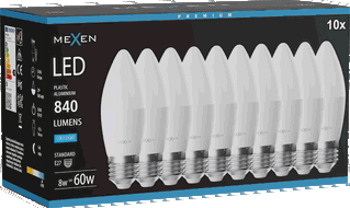 Mexen Nova 10x LED žárovka E27, C37, 8W, Studená - 6500K, 840 lm - L102-E27-0865-01x10