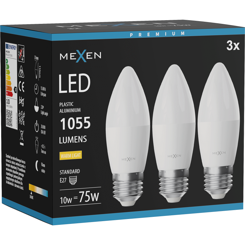 Mexen Nova 3x LED žárovka E27, C37, 10W, Teplá - 3000K, 1055 lm - L102-E27-1030-01x03