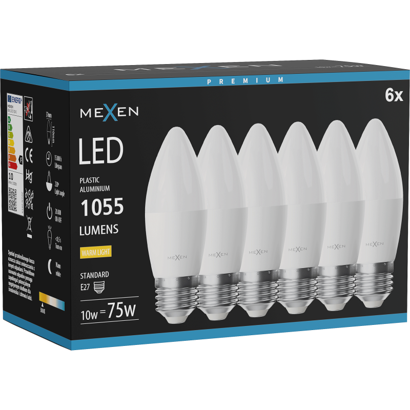 Mexen Nova 6x LED žárovka E27, C37, 10W, Teplá - 3000K, 1055 lm - L102-E27-1030-01x06