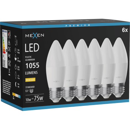 Mexen Nova 6x LED žárovka E27, C37, 10W, Teplá - 3000K, 1055 lm - L102-E27-1030-01x06