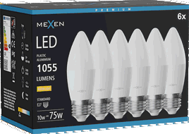 Mexen Nova 6x LED žárovka E27, C37, 10W, Teplá - 3000K, 1055 lm - L102-E27-1030-01x06