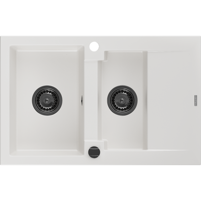 Mexen Gaspar granitový dřez 1,5-komorový s odkapávačem 737 x 475 mm, bílý, černý sifon - 6507731505-20-B