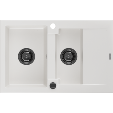 Mexen Gaspar granitový dřez 1,5-komorový s odkapávačem 737 x 475 mm, bílý, černý sifon - 6507731505-20-B