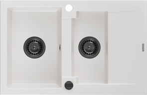 Mexen Gaspar granitový dřez 1,5-komorový s odkapávačem 737 x 475 mm, bílý, černý sifon - 6507731505-20-B