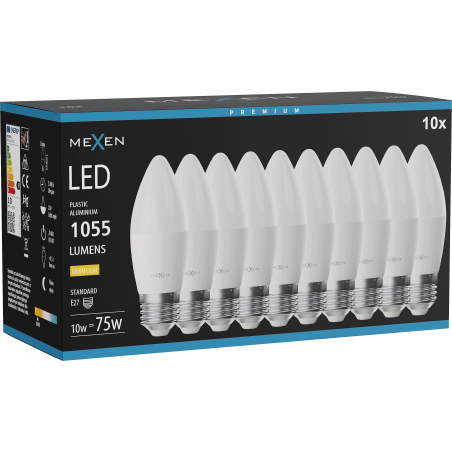 Mexen Nova 10x LED žárovka E27, C37, 10W, Teplá - 3000K, 1055 lm - L102-E27-1030-01x10