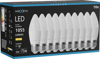 Mexen Nova 10x LED žárovka E27, C37, 10W, Teplá - 3000K, 1055 lm - L102-E27-1030-01x10