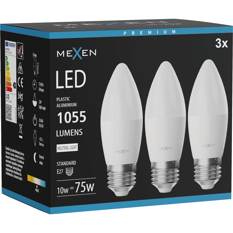Mexen Nova 3x LED žárovka E27, C37, 10W, Neutrální - 4000K, 1055 lm - L102-E27-1040-01x03