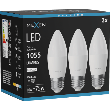 Mexen Nova 3x LED žárovka E27, C37, 10W, Neutrální - 4000K, 1055 lm - L102-E27-1040-01x03