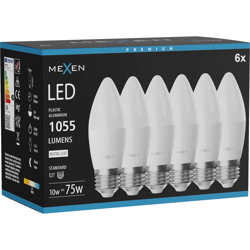 Mexen Nova 6x LED žárovka E27, C37, 10W, Neutrální - 4000K, 1055 lm - L102-E27-1040-01x06