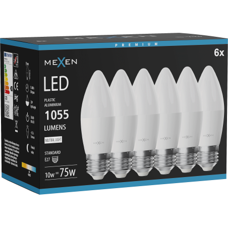 Mexen Nova 6x LED žárovka E27, C37, 10W, Neutrální - 4000K, 1055 lm - L102-E27-1040-01x06