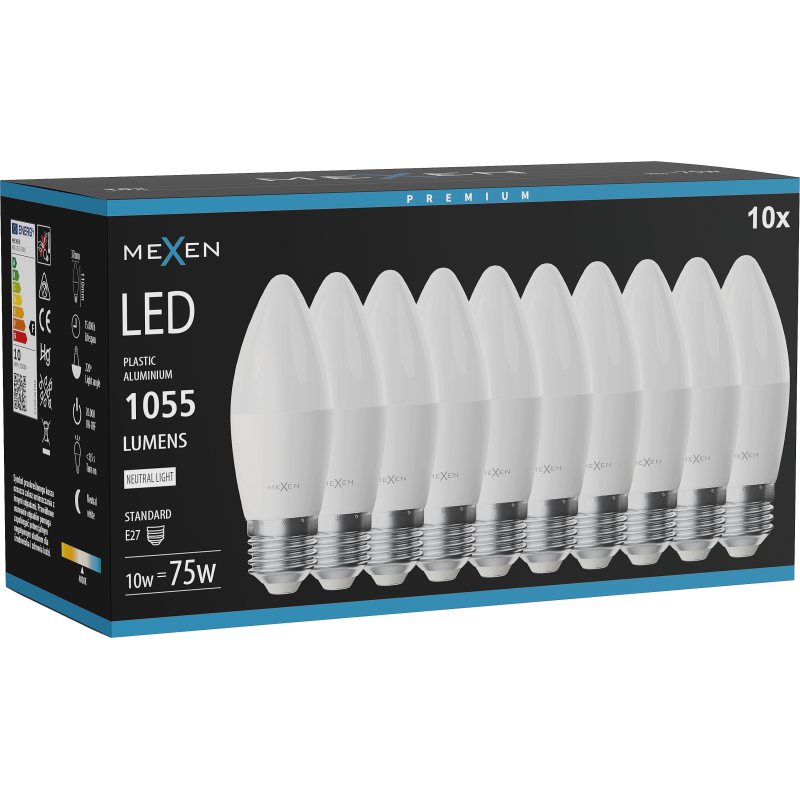 Mexen Nova 10x LED žárovka E27, C37, 10W, Neutrální - 4000K, 1055 lm - L102-E27-1040-01x10